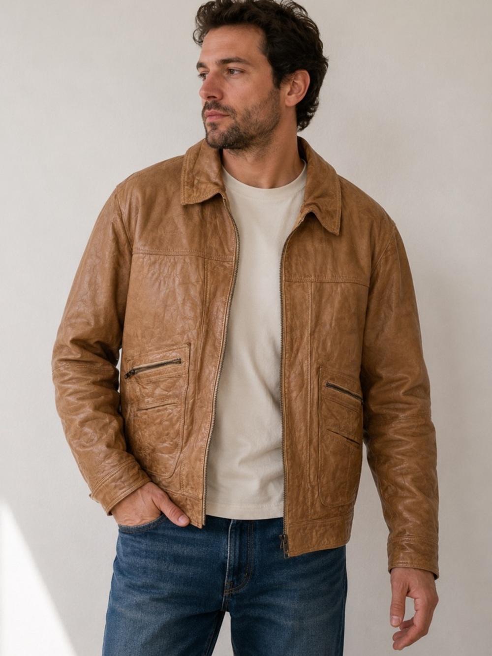 Roundtree & Yorke Mens XL Genuine Leather Jacket Brown Cognac Full Zip Vintage